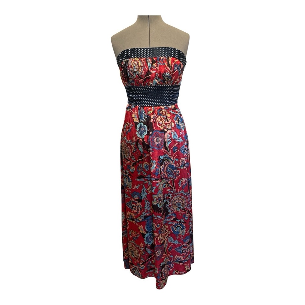 Vtg Forever 21 red floral paisley strapless maxi dress boho polka dot band No Sz